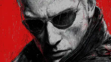 Grainy sketch-style portrait of Resident Evil villain Albert Wesker in sunglasses, high-contrast red and black, 2K Quad HD PC desktop wallpaper and background.