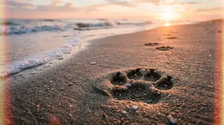 Close-up paw print pressed in wet sand on a sunlit beach at sunset — 5K Ultra HD PC desktop wallpaper and background.
