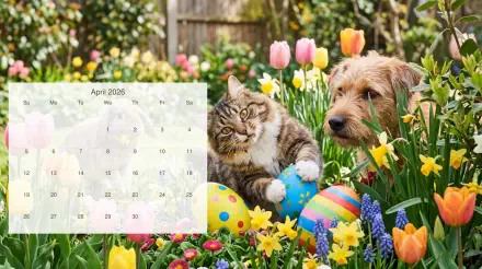 April 2026 calendar 5K Ultra HD PC desktop wallpaper and background: cat and dog amid tulips, daffodils and colorful Easter eggs in a sunny garden.