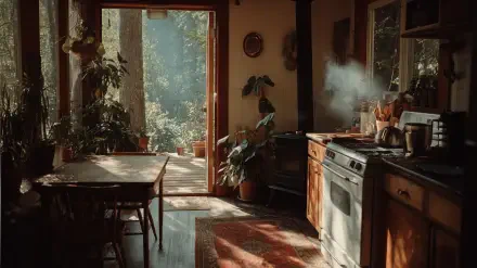 Aesthetic cottagecore kitchen interior with warm wood cabinets, potted plants, sunlit open doors, rustic table and stove, soft morning light — 2K Quad HD PC desktop wallpaper/background.