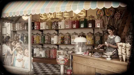 4K Ultra HD PC desktop wallpaper: vintage candy store interior with rows of glass jars, lollipops, ice-cream cones and a shopkeeper behind a wooden counter while children peer in.