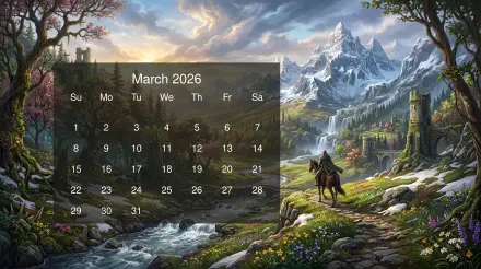 March 2026 calendar over a 5K Ultra HD PC desktop wallpaper and background: fantasy mountain valley with river, wildflowers, and a lone rider on horseback beneath snowy peaks.
