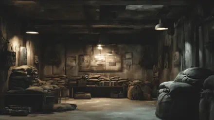 Gloomy underground post-apocalyptic military base bunker, sandbags and crates under dim lamps — 2K Quad HD PC desktop wallpaper/background.