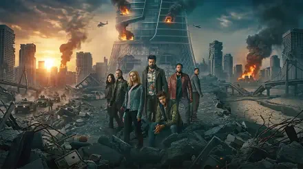 TV Show The Boys (2019) 4K Ultra HD PC desktop wallpaper and background: a ragged team stands amid city rubble, burning skyscrapers and helicopters under a dramatic sunset.