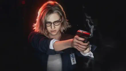 2K Quad HD PC wallpaper of Grace Ashcroft from Resident Evil Requiem: an FBI agent with glasses and short blond hair aiming a smoking handgun against a dark background.
