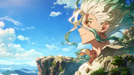 Senku Ishigami (Dr. Stone) in profile against a bright blue sky and rugged cliffs — Sky anime artwork, 2K Quad HD PC desktop wallpaper background.