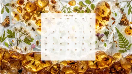 May 2026 calendar on a 5K Ultra HD PC desktop wallpaper and background: translucent amber resin with embedded dried flowers, ferns and a soft pale backdrop.