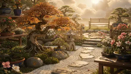 Sunlit bonsai garden with stone lanterns, winding pebble path and flowering pots — 4K Ultra HD PC desktop wallpaper and background.