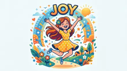 Joy — 5K Ultra HD PC desktop wallpaper of a smiling girl in a yellow dress jumping beneath a rainbow and sun, surrounded by flowers, hearts and confetti.