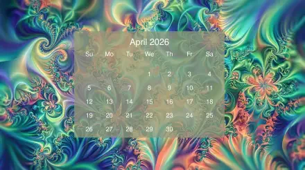 April 2026 calendar centered on a translucent panel over a vibrant multicolor fractal swirl — 5K Ultra HD PC desktop wallpaper and background.