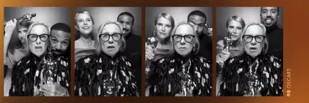 Black-and-white HD desktop wallpaper: three people in an Oscars photo booth holding Academy Awards statuettes in playful close-up triptych.
