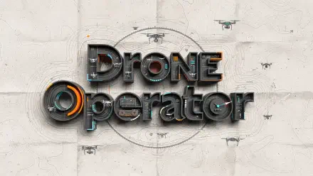 Bold metallic Drone Operator lettering over a circular target schematic with multiple hovering quadcopters — 4K Ultra HD PC desktop wallpaper and background.