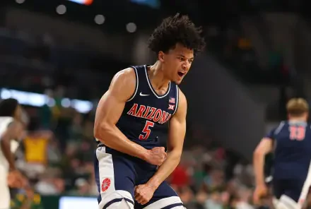 4K Ultra HD PC desktop wallpaper/background: Arizona Wildcats NCAA basketball player #5 pumps his fist and yells in celebration on the court.