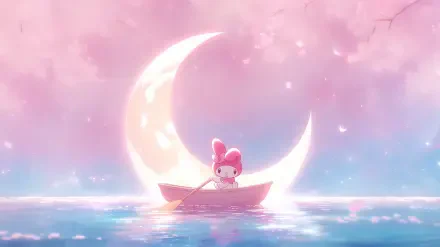 Aesthetic anime 2K Quad HD desktop wallpaper: Sanrio's My Melody (Onegai My Melody) sits in a small boat beneath a glowing crescent moon over pastel pink-blue waters.