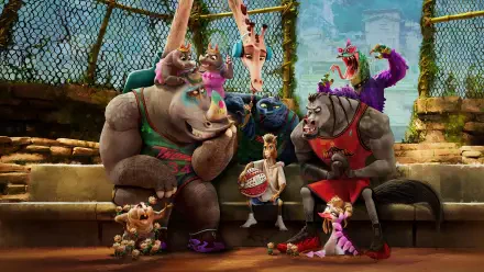 Goat (2026) 4K Ultra HD PC desktop wallpaper/background: lively anthropomorphic goats and companions in crowns and streetwear lounging on a bench before a gritty chain-link fence.