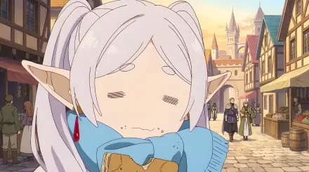 Frieren (Frieren: Beyond Journey's End) — anime elf girl with a goofy, tearful smile clutching bread and a blue scarf on a sunlit fantasy street; 4K Ultra HD PC desktop wallpaper.