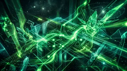 Abstract green neon circuitry and crystal shards over a starfield, rendered as a 5K Ultra HD PC desktop wallpaper and background.