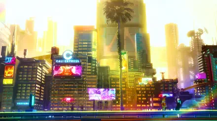 4K Ultra HD PC desktop anime wallpaper of Night City from Cyberpunk: Edgerunners — neon-lit skyline at dusk with David and Rebecca amid billboards and palm trees.