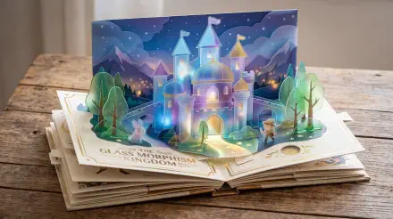 Glass morphism 5K Ultra HD PC desktop wallpaper and background: glowing pop-up storybook castle with translucent towers, luminous pathways, stylized trees and a starry night sky.