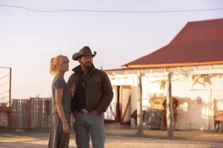 Two characters from TV show Dutton Ranch stand outside a ranch house at sunset — 5K Ultra HD desktop wallpaper.