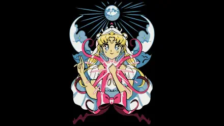 4K Ultra HD PC desktop wallpaper: Sailor Moon (Usagi Tsukino) anime portrait on a black background, crescent moon motif behind her, flowing ribbons and starburst accents.