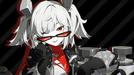 HD PC desktop wallpaper of Burnice White (Zenless Zone Zero): anime-style close-up with white pigtails, red-tinted sunglasses, black-and-red outfit and mechanical accessories on a dark striped background.