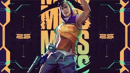 Vibrant Valorant FPS 4K Ultra HD PC desktop wallpaper featuring Miks, grinning agent with a handgun, neon geometric accents and bold MIKS text behind him.