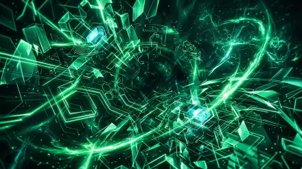 Abstract emerald-green energy vortex of geometric shards and glowing trails, high-detail 5K Ultra HD PC desktop wallpaper and background.