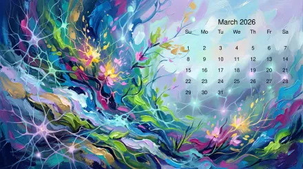 March 2026 calendar over vibrant abstract floral waves in neon blues, purples and greens — 5K Ultra HD PC desktop wallpaper and background.