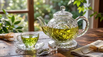 Vibrant green tea in a crystal teapot and cup on a wooden table by a sunlit window with leaves outside — 5K Ultra HD PC desktop wallpaper/background.