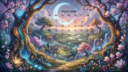 March 2026 calendar overlaying a whimsical fantasy landscape with moonlit valleys, flowering trees and winding path — 5K Ultra HD PC desktop wallpaper and background.