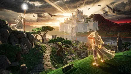 4K Ultra HD PC Desktop Wallpaper and Background: glowing cloaked adventurer stands on a grassy hill overlooking a sunlit fortress by a lake beneath dramatic skies and flying birds.