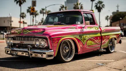 Lowrider truck in vibrant pink and green with ornate pinstriping and chrome rims parked by palm trees — 4K Ultra HD PC desktop wallpaper and background.