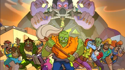 Toxic Crusaders video game 2K Quad HD PC desktop wallpaper and background: green hero wielding a club leads colorful mutant allies as a menacing villain looms overhead.