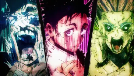 Jujutsu Kaisen anime HD PC desktop wallpaper: three vertical panels of intense, neon-lit character portraits with blood-streaked faces and distorted, screaming expressions.