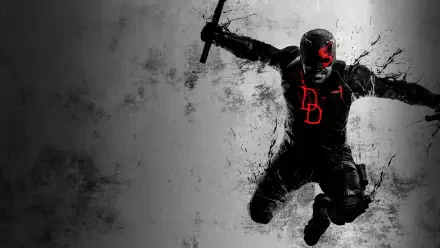 Daredevil: Born Again — 4K Ultra HD PC desktop wallpaper showing Daredevil leaping with a baton, glowing red eyes and a red DB emblem against a textured gray background.