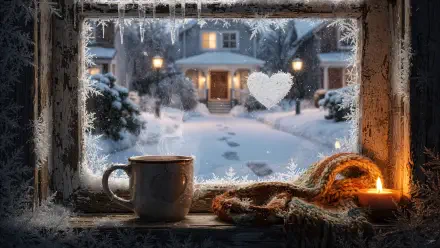 4K Ultra HD PC desktop wallpaper: snowy window framing a path to a warmly lit house, heart traced on the glass, steaming mug and candle on the sill.