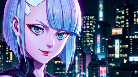 Close-up of Lucy from Cyberpunk: Edgerunners — anime girl with blue hair against a neon Night City skyline; 5K Ultra HD PC desktop wallpaper/background.