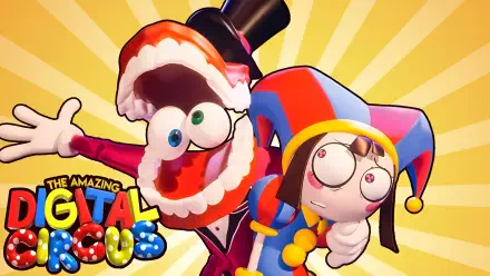 2K Quad HD PC wallpaper of TV show The Amazing Digital Circus featuring Pomni and Caine (TADG) grinning against a yellow sunburst background with the show's colorful logo.