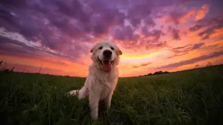 Happy Great Pyrenees sitting in grass at a vivid sunset — 2K Quad HD PC desktop wallpaper/background