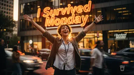 4K Ultra HD PC desktop wallpaper and background: triumphant woman raising her arms on a busy city street, neon I Survived Monday sign glowing above her.