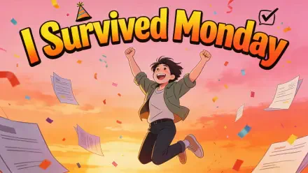 4K Ultra HD PC desktop wallpaper: a cheerful person jumps amid flying papers and confetti beneath a bold I Survived Monday banner.