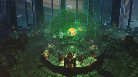 Warhammer 40K: Space Marine 2 video game 2K Quad HD PC background — armored marines around a central console projecting a green holographic planetary display in a dark futuristic command chamber.