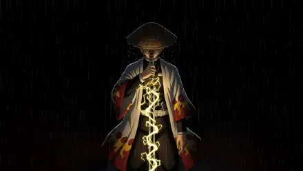 Zenitsu Agatsuma (Demon Slayer) stands in rain with straw hat, channeling crackling yellow lightning — OLED 5K Ultra HD anime samurai desktop wallpaper.