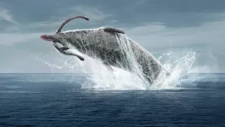 4K Ultra HD PC desktop wallpaper — Prehistoric Planet: a giant prehistoric marine creature breaches the ocean, water exploding into spray beneath a brooding, cloud-filled sky.