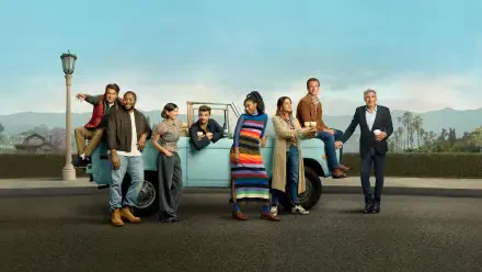 Shrinking — group of people gathered around a light-blue pickup truck on a roadside with a lamppost and distant mountains; 4K Ultra HD PC desktop wallpaper and background.