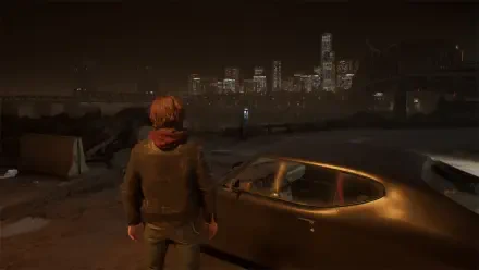 HD PC wallpaper from the video game Samson (2026): a lone figure stands by a parked car on a foggy coastal road, the city skyline glowing across the water at night.