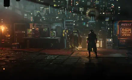 2K Quad HD PC desktop wallpaper: video game-inspired pixel art cityscape titled Replaced, lone figure on a neon, rain-soaked street beneath a towering cybernetic skyline.
