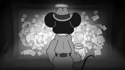 2K Quad HD PC wallpaper for the video game Mouse: P.I. For Hire — a fedora-clad mouse detective in a coat, holding a drink, stands with back to viewer before a wall of pinned case notes.