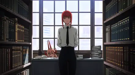 Chainsaw Man 5K Ultra HD PC wallpaper: devil Power peeks over a desk while a red‑haired officewoman stands in a sunlit library — funny anime scene.